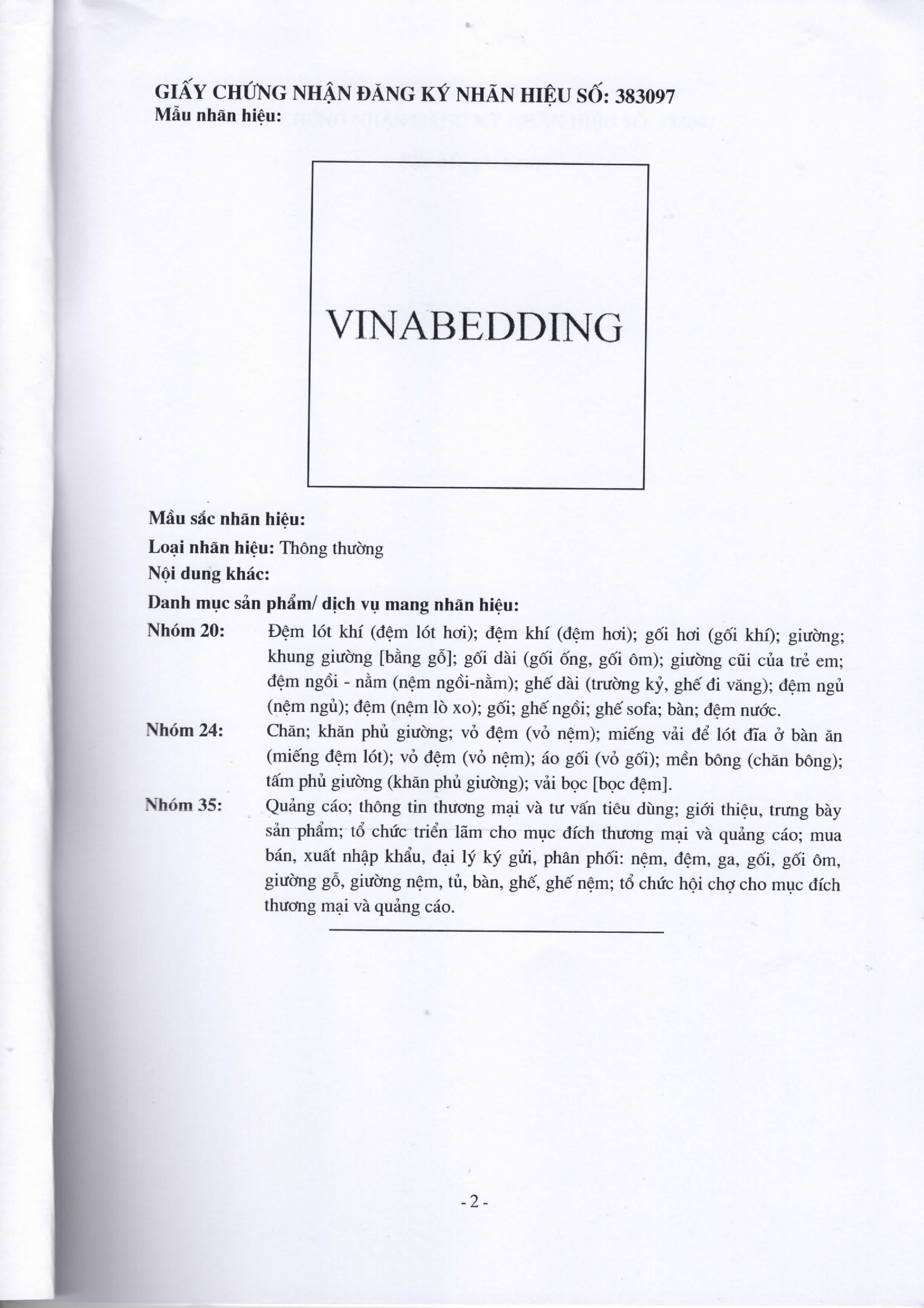 VINABEDDING TRADEMARK REGISTERED CERTIFICATE IN Vietnam