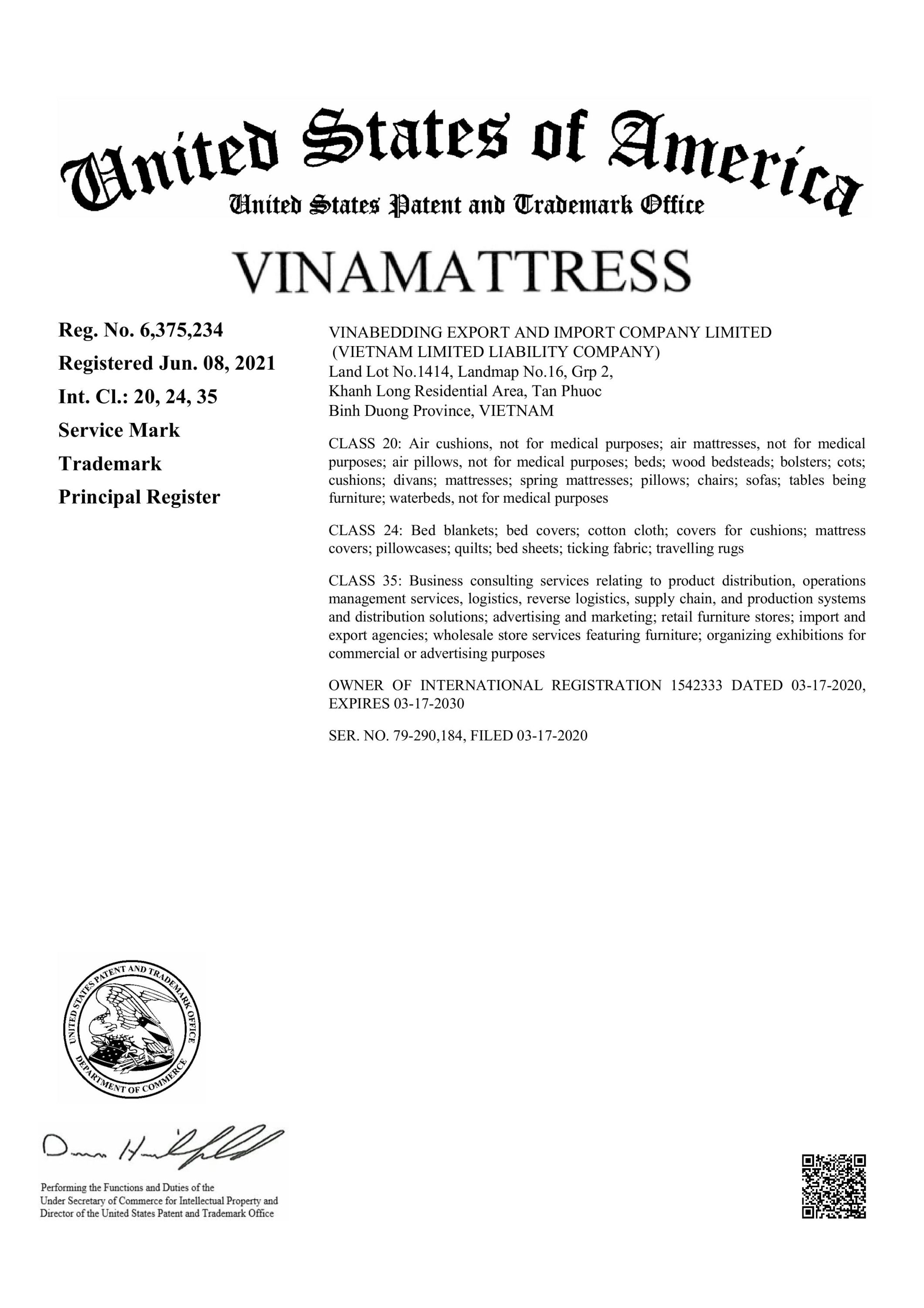VINAMATTRESS TRADEMARK REGISTERED CERTIFICATE IN USA