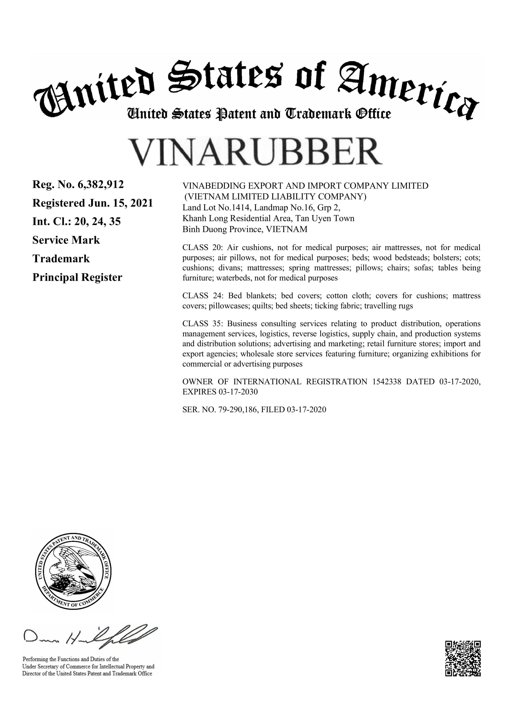 VINARUBBER TRADEMARK REGISTERED CERTIFICATE IN USA