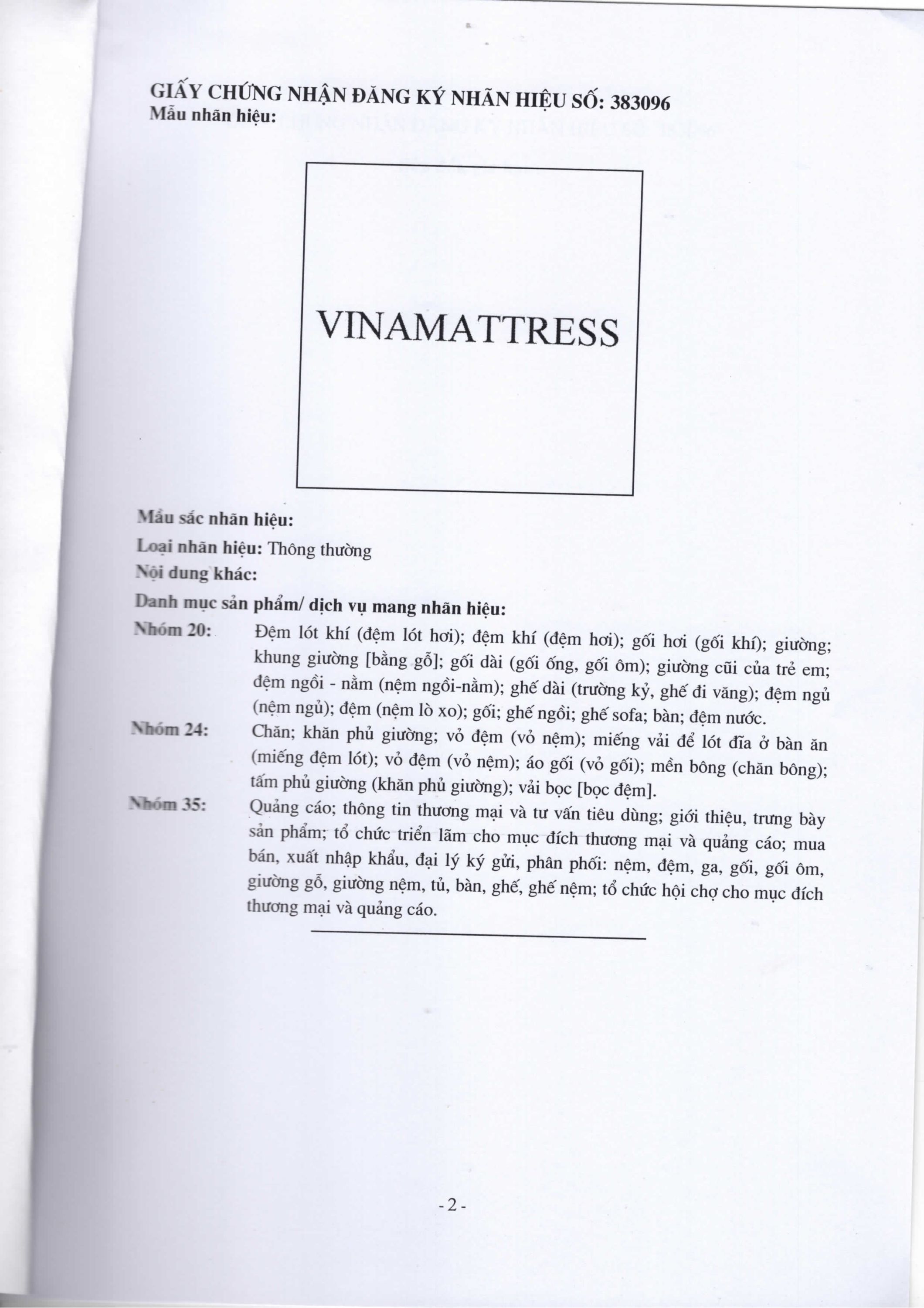 VINAMATTRESS TRADEMARK REGISTERED CERTIFICATE IN Vietnam
