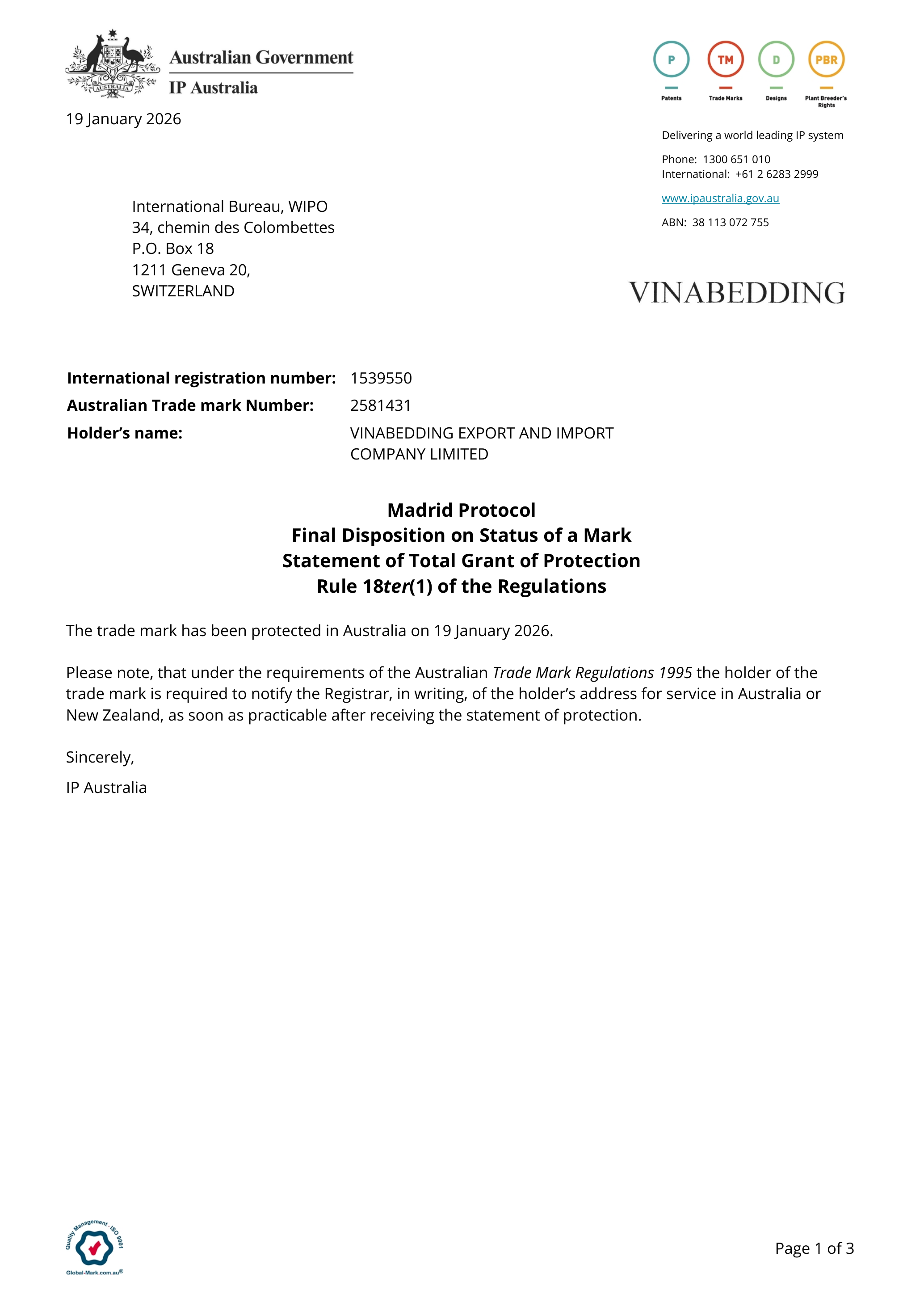VINABEDDING TRADEMARK REGISTERED CERTIFICATE IN Australia