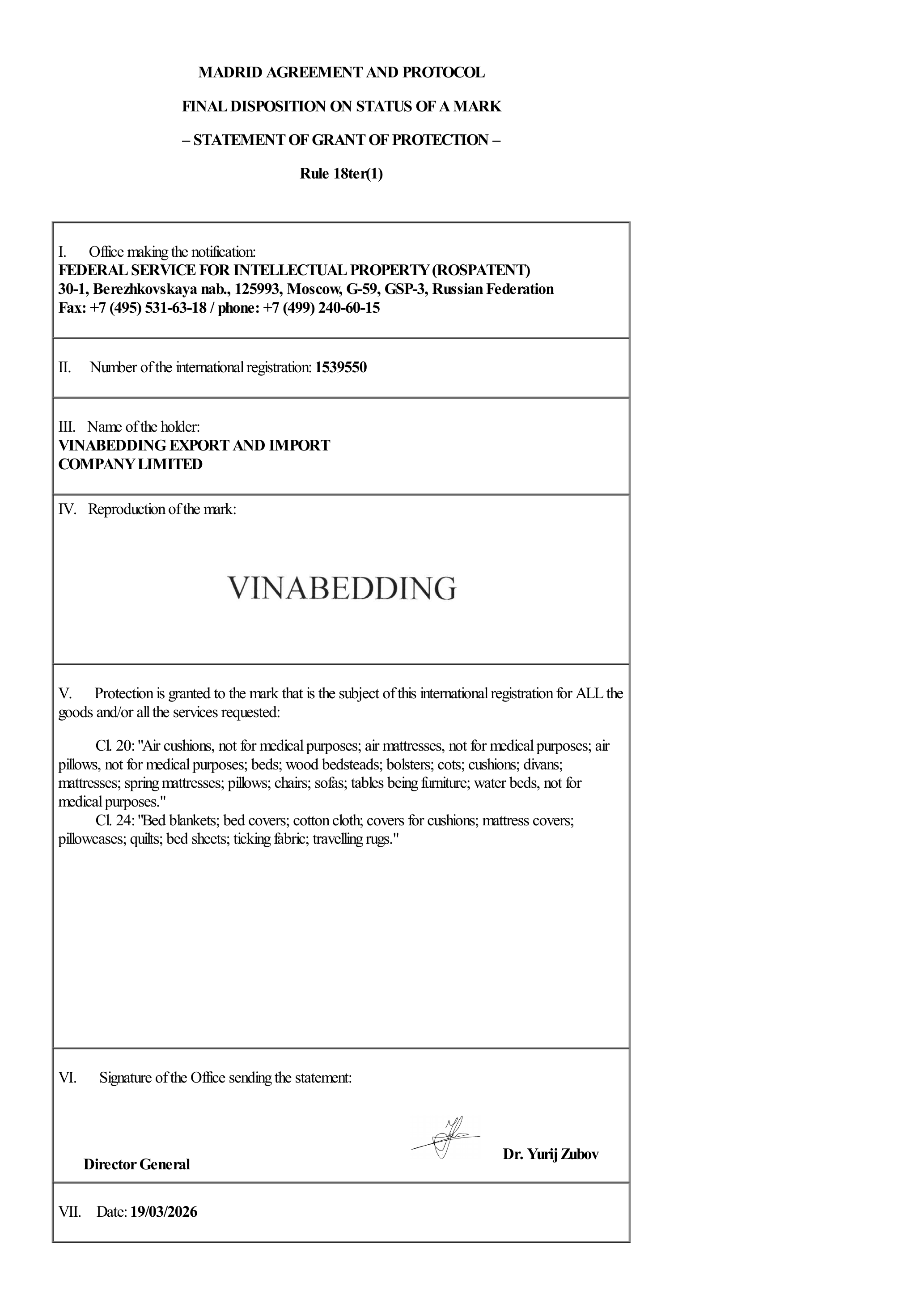  VINABEDDING TRADEMARK REGISTERED CERTIFICATE IN Russian Federation